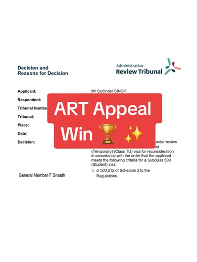 Congratulations to our Client on winning ART Appeal Case for SC 500 Student Visa. Administrative Tribunal Review. Happy Client 🏆🎊 #tribunal #studentvisa #internationalstudent #migration #migratetoaustralia