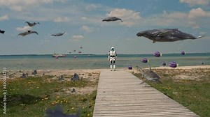 Futuristic World Scenery. Prototype Cyborg AI Humanoid Robot on Sea Landscape. Ocean Animal Fauna Flying in Skies. Landscape. Nature and Technology Connection. Render Animation.