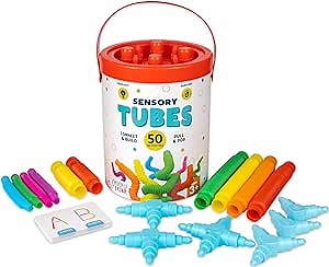Chuckle & Roar - Sensory Tubes - Fidget Sensory bin Toy for Kids - Construction Tubes with interconnecting Pieces - Learning Flash Cards - 16 Multi-Colored Tubes and connectors