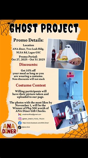 Not all Ghost Projects are a scam! Celebrate the Halloween Season with us and get your "Kick-back", 10% off your order if you are wearing a costume and participate in our costume contest. (see details below) Promo runs from October 27 to 31 2025 so make the most of it, this Ghost Project is for everyone not just contractors! See you soon at Ana Diner, Two Leah Bldg, Lagao, General Santos City. | Ana Diner
