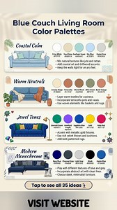 Blue Couch Living Room Color Palettes: 4 Designer-Approved Ways to Style a Blue Sofa Discover the best color palettes for a blue couch living room, from airy coastal whites to warm earthy terracottas and rich jewel tones. This easy color palette guide shows 4 designer-approved ways to style a blue sofa with coordinating wall colors, accent hues, and décor ideas. Perfect for modern, coastal, boho, or contemporary living rooms. Save this pin for instant home styling inspiration and tap to explore