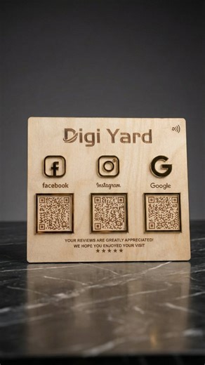Digi Yard l NFC Business Card on Instagram: "Our Smart NFC + QR Review Stand is designed to help businesses collect instant reviews and social engagement with just one tap or scan. No apps, no complicated steps — customers simply scan the QR code or tap their phone using NFC technology and land directly on your Google Reviews, Instagram, or Facebook page. Crafted with a premium wooden finish, this NFC QR Stand blends perfectly with restaurants, cafés, salons, hotels, clinics, retail stores, and 