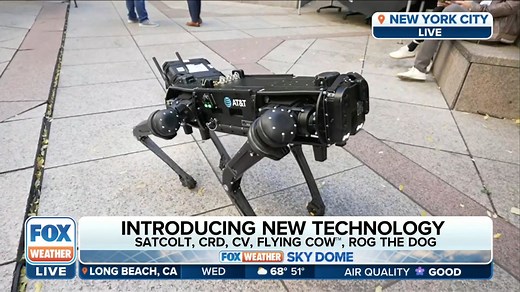 New technology is available to first responders thanks to FirstNet. FOX Weather meteorologist Steve Bender WX is in New York City with a look at their "flying cow" drone and robotic dog. Watch FOX Weather live: foxweather.com/video | FOX Weather