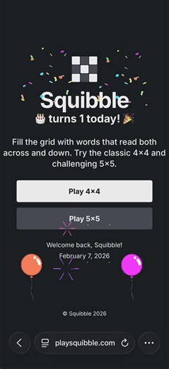 Squibble turns 1 today! 🎉 Thank you to everyone who plays along! #squibble #playsquibble #squibblegame #birthday #wordgames
