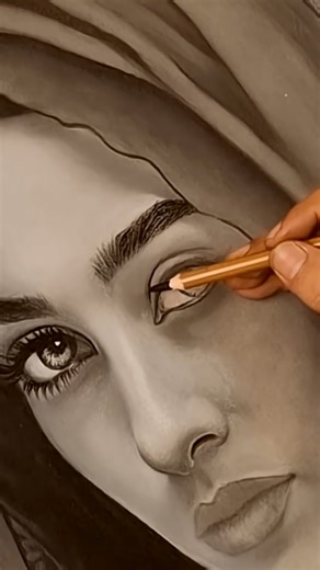 Hyper realistic charcoal portrait: Arabian beauty with soft pastel highlights