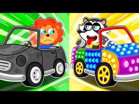 Lion Family | Rainbow vs Black Challenge 🚗🏁Let's Play Pop It | Cartoon for Kids