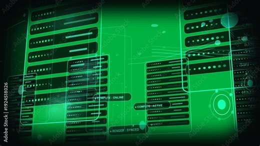 On start teal panels animating lines routing nodes pulsing syncing compute or render on transparent