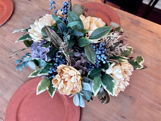 Farmhouse Spring Arrangement, Artificial Flower Centerpiece in Wooden Vase, Blue and Cream Floral - Etsy