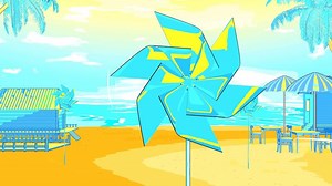 Download Animation of a paper windmill spinning in the wind, with a view on a beach in stylized toon shader. 4k for free