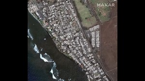 BEFORE AND AFTER: At least 36 people have died in wildfires on the Hawaiian island of Maui, county officials said on Wednesday, August 9. The fast-moving blazes ripped through the town of Lahaina, destroying homes and other structures. Credit: Maxar Technologies via Storyful | WeatherBug