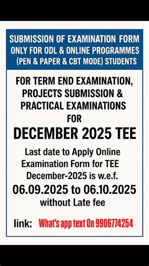 IGNOU-KU-CLUSTER -BOSE-UPDATES BY DAR BASIM (MBA) on Instagram: "*SUBMISSION OF EXAMINATION FORM ONLY FOR ODL & ONLINE PROGRAMMES* (PEN & PAPER & CBT MODE) STUDENTS FOR TERM END EXAMINATION, PROJECTS SUBMISSION & PRACTICAL EXAMINATIONS FOR *DECEMBER 2025 TEE* . link: https://ignou.samarth.edu.in/index.php/site/login"