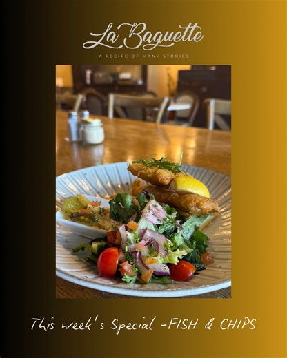 Tempura Battered Fish & Chips with Chips and Salad | La Baguette Café
