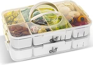 Stackable Snackle Box Organizer – 14 Compartments, BPA-Free & Portable with Lids & Handles – Reusable, Dishwasher & Microwave Safe Snacklebox for Fruits, Veggies & Snacks (White, 2 Pack)