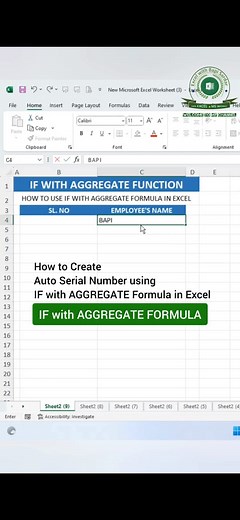 Auto series | How to Create Auto Serial Number using IF with AGGREGATE Formula in Excel ? IF WITH AGGREGATE FORMULA 📊💻🎉 #exceltips #exceltricks #exceltutorials #excelhacks #separatedata #excelformula #IFformula #aggregateformula #Autoseries #excelformulasandfunctions #spreadsheet #shortcutkeytricks #accounting #finance #onlineclasses #computertipsandtricks @learnExcelwithBapiSardar | learn Excel with Bapi Sardar
