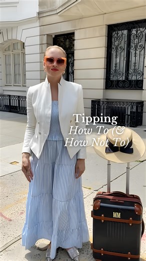 Tipping Etiquette 💵 Always tactful & discreet 🙏 and never showy🫶 If you don’t have an envelope, try this 👆 🥿 by @bells_becks 💎 earrings by @chanel 😎 by @valleyeyewear 👗 by @intermixonline 🧥 by @whbm 👒 by Toucan 🧳 by @markandgraham | Beaumont Etiquette LLC