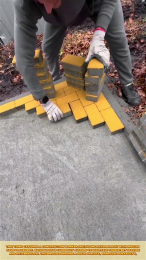 Construction Worker Installing Paver Blocks by Hand for Precise Pavement Alignment