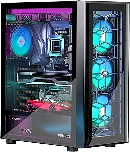 MUSETEX 6 PWM ARGB Fans Pre-Installed Mid-Tower ATX PC Case, Double Tempered Glass Computer Case, Full View Gaming PC Case, USB 3.0 x 2, Black, G07