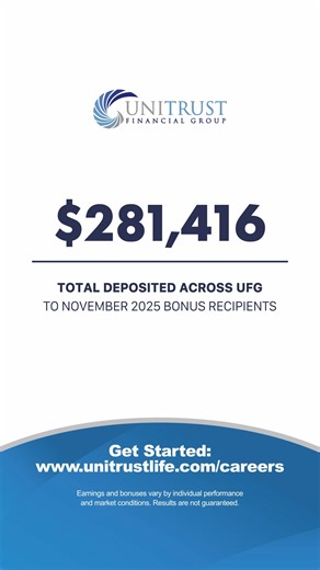 UniTrust Financial Group on Instagram: "Supporting agents isn’t a slogan. It’s a deposit. $281,460 paid out in bonuses in November 2025 alone. Huge congrats to the agents who earned it by serving families and staying consistent! You put in the work. We back it up. That’s how it should be. #UniTrust #Bonuses #InsuranceCareers #ResultsMatter"