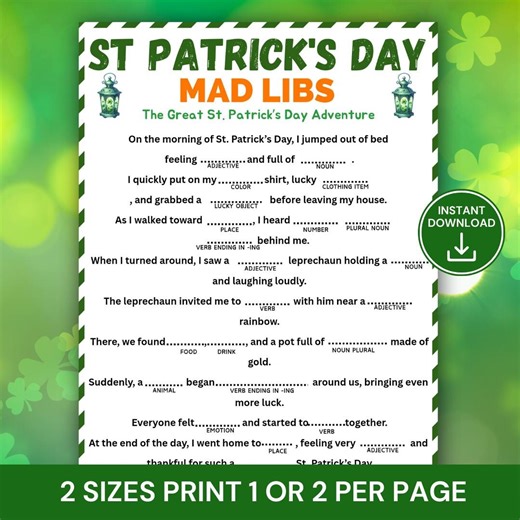 St. Patrick’s Day Mad Libs Game, Printable Irish Story Activity, Fun St Paddy’s Day Word Game for Kids & Adults - Etsy
