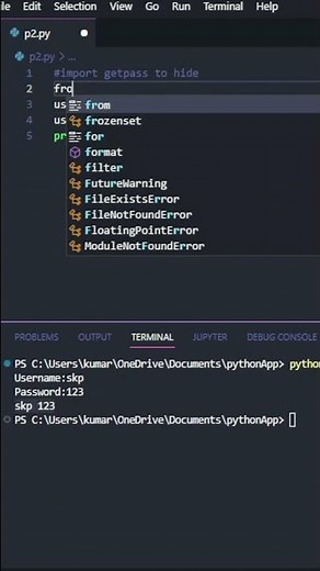 How to hide user input in Python? #python #programming #coding