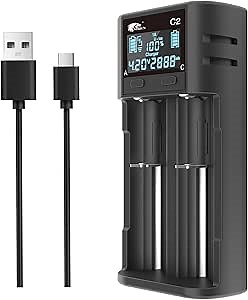 IMREN 18650 Battey Charger, Intelligent LCD 18650 21700 Battery Charger, 2A Fast 18650 Charger for 3.7V Li-ion Batteries 21700 20700 26650, 1.2V NI-MH NI-CD Battery,2 Bay 18650 USB C Battery Charger