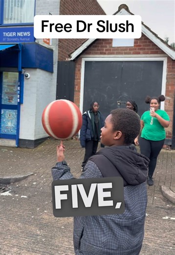 🏀 Does he do it? Spin the basketball for 1 whole minute to win a FREE Large Dr Slush 🥶 Watch till the end 👀 #DrSlush #School #Basketball #Challenge #Leicester
