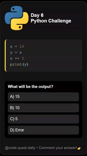 CodeQuestDaily on Instagram: "Comment your answers!👉 Follow for daily coding challenges!🚀 #python #pythonchallenge #codingquiz #codereels #learnpython pythonbeginner pythondeveloper programmingchallenge codingchallenge techtips pythonlearning dailycoding"