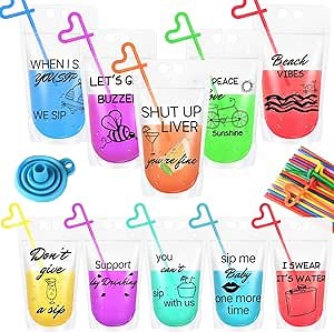 Drink Pouches for Adults: Juice Pouches | 80 Pcs Heavy Duty Hand-Held Translucent Frosted Reclosable Stand-Up Zipper Plastic Smoothie Drink Bags, Reusable Drink Pouches with Straws (17 oz, 10 Styles)