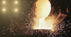 Ladle pouring Molten Steel in Foundry. 4K.