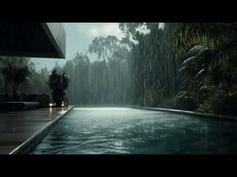 Heavy Rain by Poolside at Night 🌧️ | Relaxing Rain Sounds for Deep Sleep & Stress Relief (8 Hours)