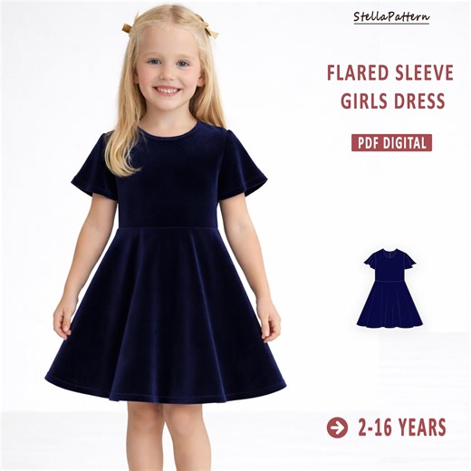 Flared Sleeve Girl's Dress Sewing Pattern, Beginner Sizes 2-16 (A4 A0 US) (digital Download) - Etsy