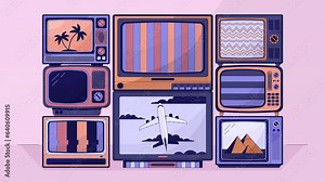 Video Stock Vintage tv stack lo fi animated cartoon background. Old television set with static screens 90s retro lofi aesthetic live wallpaper animation. Retro tv pile color chill scene 4K video motion graphic