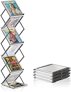 Aluminum Folding Magazine Rack with 6 Pockets, Floor-Standing Exhibition Display Stand, Perfect for showcasing brochures, magazines, and flyers in trade shows, offices, libraries, and reception areas