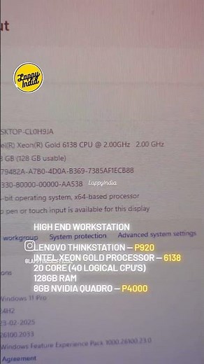 intel Xeon Gold 6138 (20 cores) with 129GB RAM and 8 GB Nvidia Quadro P4000 #workstation #yt #short