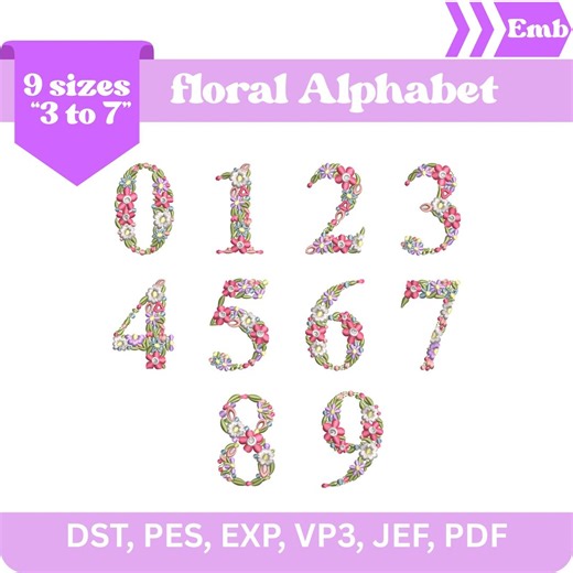 Floral Numbers Embroidery Design 0-9 Bundle | Cottagecore Flower Birthday Numbers | Botanical Number Monogram Set | Machine Embroidery Files - Etsy