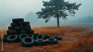 A stack of tires sits in a foggy field with a single tree in the background