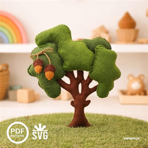 Felt Tree Pattern PDF SVG – 3D Felt Tree Plush – Woodland Felt Toy Sewing Pattern – Oak Tree with Acorn Detail – Easy – Instant Download