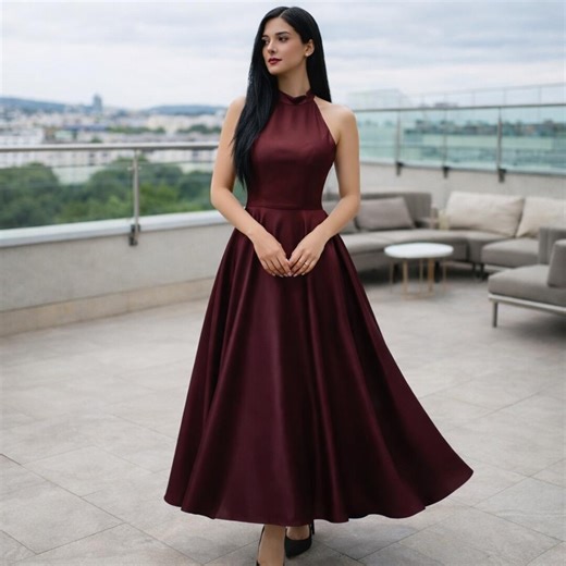 Burgundy Satin Silk Halter Dress, Elegant A Line Midi Gown,wedding Guest Dress Boho, Bridesmaid Party Outfit, Plaid Dress, Formal Gwon, Gift - Etsy