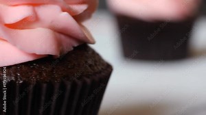 chocolate kupchake with pink cream. decorated with three raspberry berries. Holiday cakes are on the table. Macro shooting of the cherry cheese cream. Shooting from the slider. hd