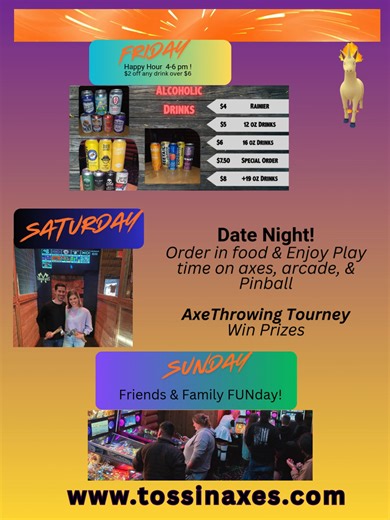 All the fun all the time at Tossin' Axes this weekend! Where will you be playing axes, arcade, pinball, and arcade games?#funthingstodooakharbo #oakharborhighschool #pinball #veterans #axes #billiards #pinballwizard #datenight #oakharbor #pokemon #whidbeyisland #skagitvalleycollege #arcadegames