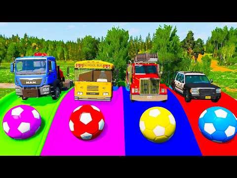 Flatbed Trailer Truck Rescue Bus - Cars vs Slide Colors - Cars vs Rails & Trains - BeamNG Drive #26