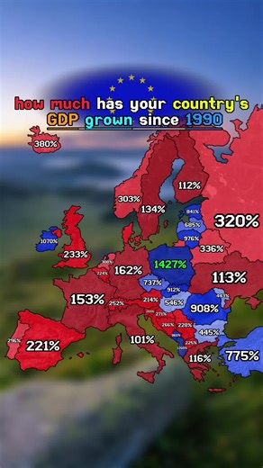 new map🤑 | ib:@🇨🇦 𝐏𝐚𝐜𝐢𝐟𝐢𝐜𝐆𝐞𝐨 🏔️ | How much has your country's GDP grown since 1990 | #fy #europe #mapping #GDP