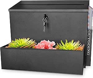 Wall Mount Mailbox, Locking Mailbox, Decor Shelf & Outgoing Mail Slot, Large Capacity Wall Mailbox, Mail Boxes for Outside, Galvanized Steel, 17"x12.5"x4" Black