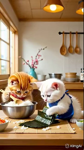 Kittens Cooking Sushi Together