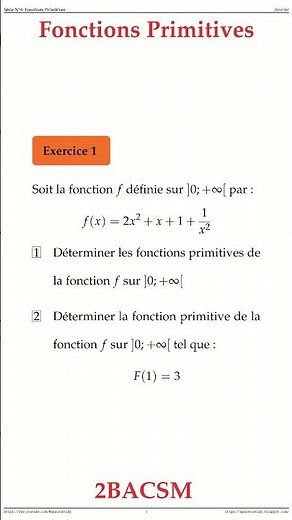 Exercice 1 Fonctions Primitives 2BACSM Maths space2study M2BSMS4v14 #maths