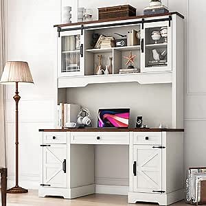 76" Height Farmhouse Desk with Sliding Door Hutch, Wood Office Executive Workstation Computer Desk with Charging Station, Drawers and Storage Cabinet, for Work, Sturdy, Game, Rustic White