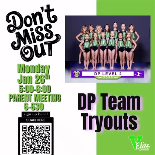 ✨ Last Call for DP Team Tryouts! ✨ If your gymnast is ready to challenge herself, grow her confidence, and join an incredible team—this is it! 📅 Monday, Jan 26 ⏰ Tryouts 5:00–6:00 PM 👨‍👩‍👧 Parent Meeting 6:00–6:30 PM 📲 Scan the QR code to register! Can’t make tryouts? If you’re interested in team but unable to attend, please call to schedule your evaluation. #DPTryouts #GymnastLife #VForceEliteGymnastics #NextLevel #GirlsInSports | V-Force Elite Gymnastics