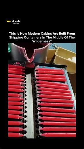 𝙒𝙊𝙍𝙇𝘿 𝙒𝙄𝘿𝙀 on Instagram: "The video depicts an industrial manufacturing process where molten red wax is poured from a large container into rows of vertical molds, forming tapered red candles on a production line. Despite the overlaid text claiming it shows the construction of modern cabins from shipping containers in remote wilderness areas, the footage clearly illustrates automated candle production in a factory setting, with no elements related to shipping containers, construction, or