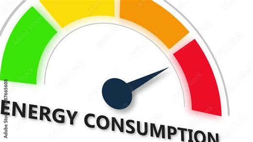 Energy consumption gauge meter animation showing low to high usage levels. 3d video