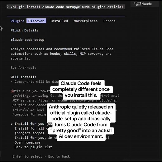It scans your project and recommends: → hooks → skills → MCP servers → subagents → automations Then sets everything up step-by-step for you. Most people are using Claude Code completely vanilla… which is why their experience feels messy. The real power comes from the ecosystem around it. Install: /plugin install claude-code-setup@claude-plugins-official Bookmark this before you forget it. #artificialintelligence #ai #claude #anthropic